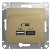 GSL000439; Розетка USB A+С, 5В/2.4А, 2х5В/1.2 А, механизм, титан Glossa