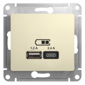 GSL000239; Розетка USB A+С, 5В/2.4А, 2х5В/1.2 А, механизм, бежевый Glossa