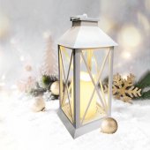 513-046; Декоративный фонарь со свечой 14x14x29 см, белый корпус, теплый белый цвет свечения