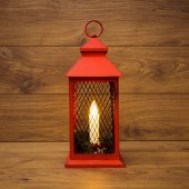 513-041; Декоративный фонарь со свечкой, красный корпус, размер 13.5х13.5х30.5 см, цвет теплый белый